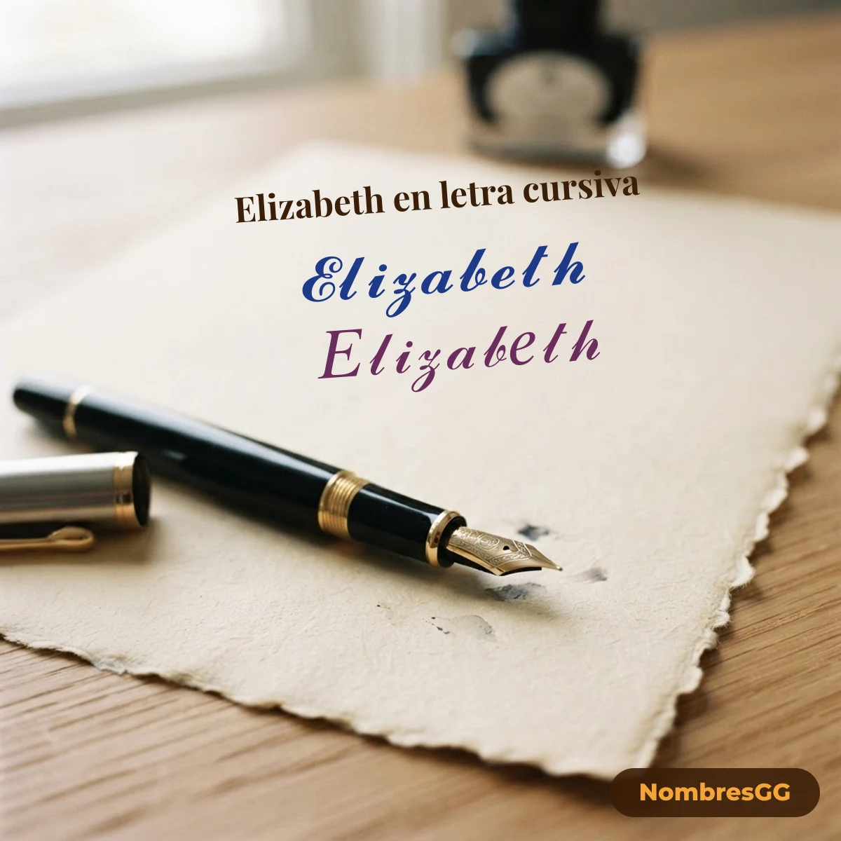 Elizabeth en letra cursiva: tres estilos Unicode escritos sobre papel
